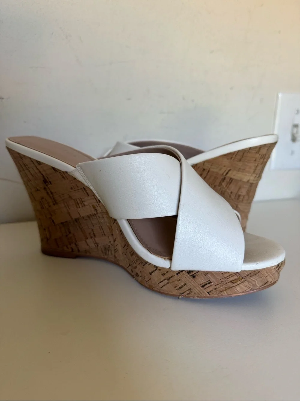 Charles David White Crisscross Cork Platform Wedge Sandals